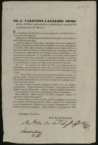 General announcement from Valentin Canalizo to the inhabitants of Mexico, August 14, 1843