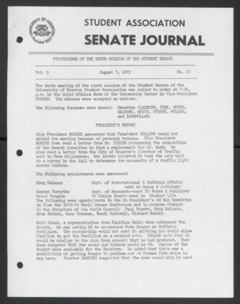 Senate Journal, Ninth Senate, University of Houston Student Government Association, Minutes, Vol. 9, No. 10, August 7, 1972