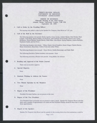 Thirty-second Senate, University of Houston, Students' Association, Order of Business [Minutes], Fifteenth Meeting, September 20, 1995