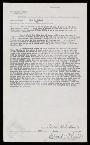 Sworn statement by patrolman Fred D. Palmer