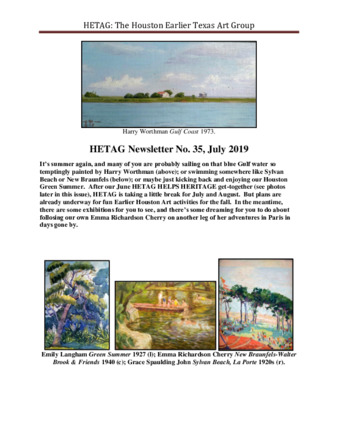 HETAG: The Houston Earlier Texas Art Group Newsletter, No. 35, July 2019