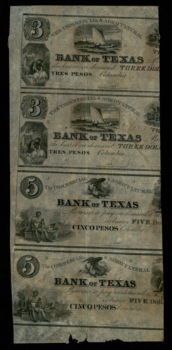 Two $3 monetary bills and two $5 monetary bills, with two $2 and two $1 monetary bills for the state of Louisiana on verso