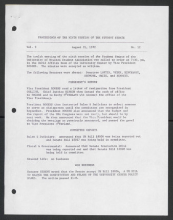 Senate Journal, Ninth Senate, University of Houston Student Government Association, Minutes, Vol. 9, No. 12, August 21, 1972