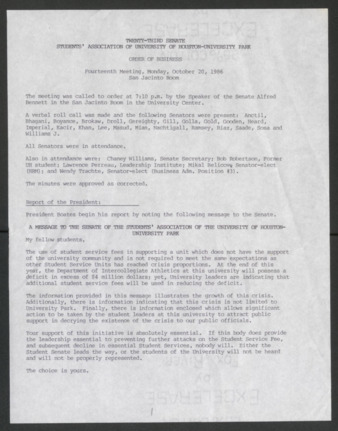 Twenty-third Senate, Students' Association of the University of Houston-University Park, Order of Business [Minutes], Fourteenth Meeting, October 20, 1986