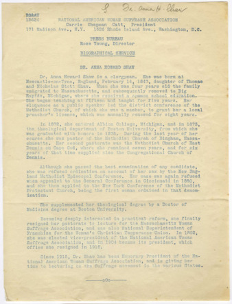 Biographical Service of Dr. Anna Howard Shaw