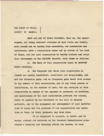 Charter of incorporation for "Houston Negro Hospital"