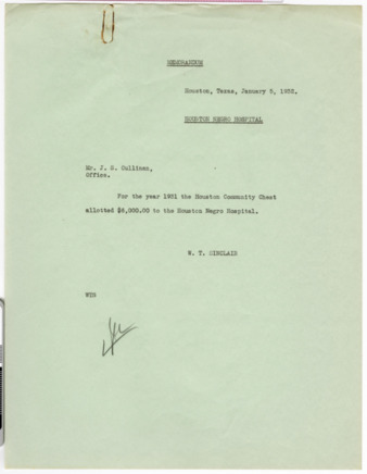 Memorandum from W. T. Sinclair to J. S. Cullinan, 1932 January 5