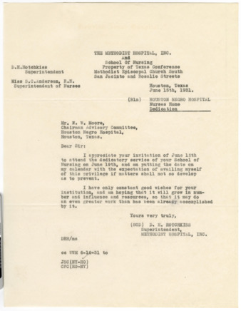 Letter from D. H. Hotchkiss to W. W. Moore, 1931 June 15