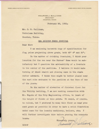 Letter from Maurice J. Sullivan to J. S. Cullinan, 1931 February 20