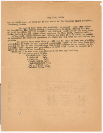 Letter from the Harris County Afro-American Medical Society to J. S. Cullinan and members of the board of the Houston Negro Hospital, 1935 May 7