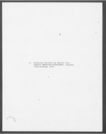 Mary Myart Malott Articles written for Austin American-Statesman, January 1978-October 1978