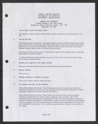 Thirty-fourth Senate, University of Houston, Students' Association, Order of Business [Minutes], Twelfth Meeting, September 10, 1997