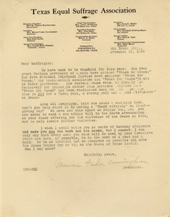 Letter from Minnie Fisher Cunningham to Suffragist, mentioning Canada's strides in equal Suffrage