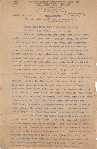 Western Women in New York Resent Disfranchisement