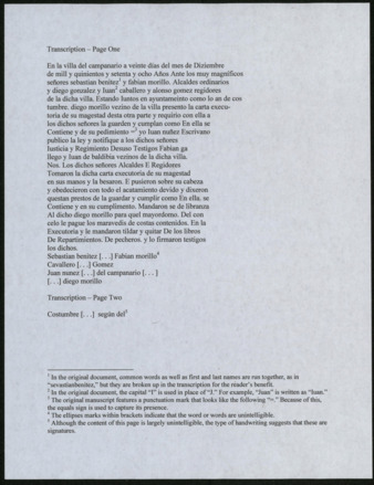 Transcription of Letter of release for Diego Morillo, 1570
