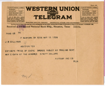 Telegram from Tiffany & Co. to J. B. Cullinan