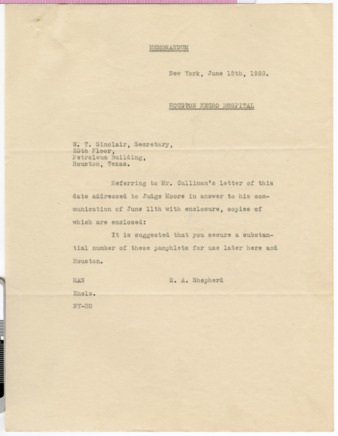 Memorandum from R. A. Shepherd to W. T. Sinclair, 1928 June 15