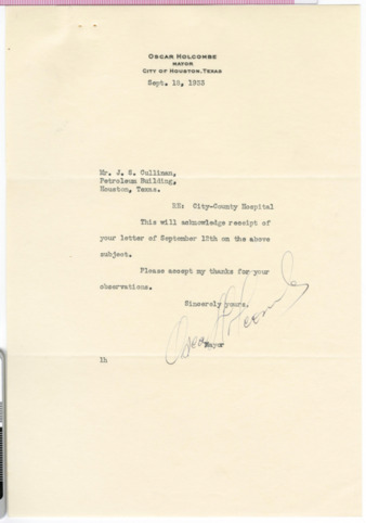 Letter from Mayor Oscar Holcombe to J. S. Cullinan, 1933 September 18