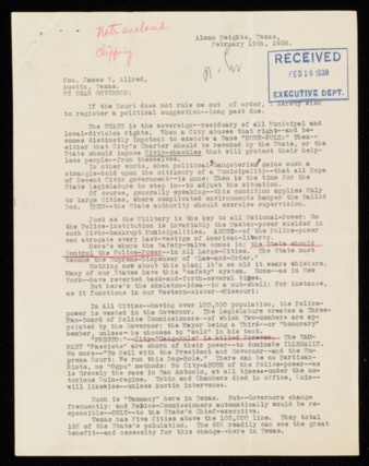 Letter from Thomas H. Benton to Governor James V. Allred, 1938 February 15