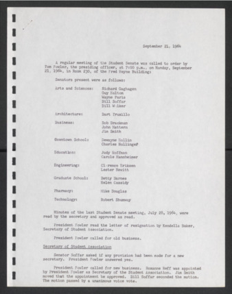 First Senate, University of Houston Student Government Association, Minutes, September 21, 1964
