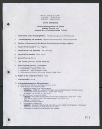 Twenty-seventh Senate, University of Houston, Students' Association, Order of Business, Seventh Meeting, June 18, 1990