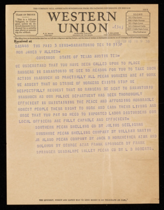 Telegram from pecan shelling companies to Governor James V. Allred, 1938 February 10
