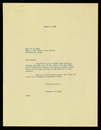 Letter from Governor James V. Allred to Mayor Charles K. Quin, 1938 March 4