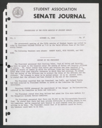 Senate Journal, Fifth Senate, University of Houston Student Government Association, Minutes, Vol. 5, No. 17, October 21, 1968