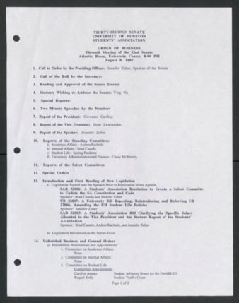 Thirty-second Senate, University of Houston, Students' Association, Order of Business [Agenda], Eleventh Meeting, August 8, 1995