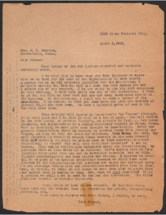 Letter from Alonso S. Perales to José Tomás Canales, 1933 April 8