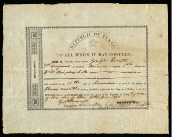 Certificate of honorable discharge from the Texas Army for Joseph [?]