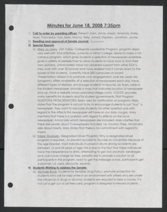 Order of Business Minutes, Senate Meeting of the 45th Administration, June 18, 2008