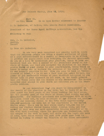 Letter from Minnie Fisher Cunningham to Senator J. C. McNealus