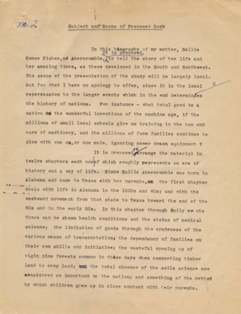 Subject and Scope of Proposed Book, on biography of Sallie Comer Fisher