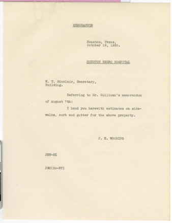 Memorandum from J. E. Wooding to W. T. Sinclair, 1928 October 19