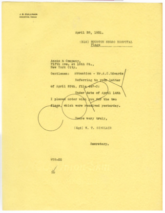 Letter from W. T. Sinclair to Annin & Company, 1931 April 28