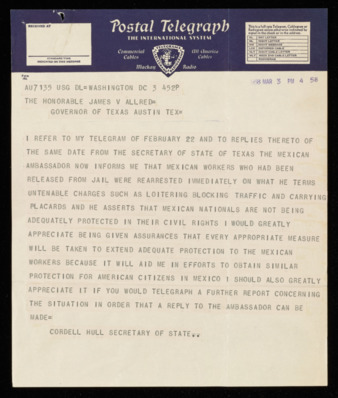 Telegram from Cordell Hull to Governor James V. Allred, 1938 March 3