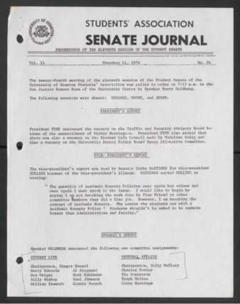 Senate Journal, Eleventh Senate, University of Houston Student Government Association, Minutes, Vol. 11, No. 24, November 11, 1974