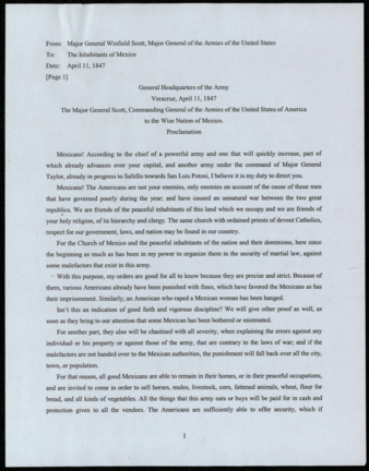 Translation of Proclamation issued by Major General Winfield Scott, April 11, 1847