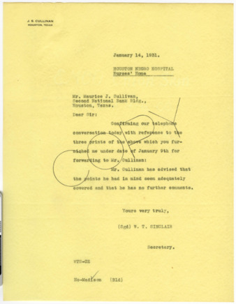 Letter from W. T. Sinclair to Maurice J. Sullivan, 1931 January 14