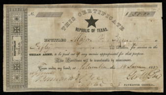 Republic of Texas Black Star pay certificate to Major Joseph Bennet
