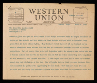 Telegram from Governor James V. Allred to Cordell Hull, 1938 March 4