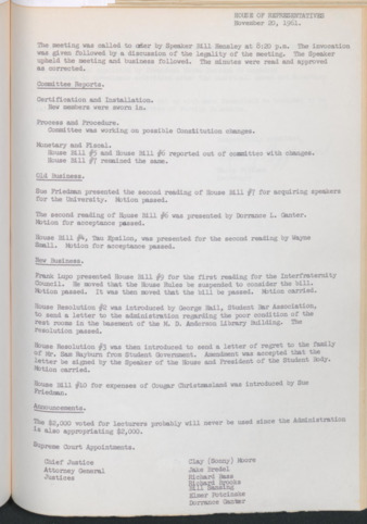 Hardbound Senate Journal, House of Representatives, Minutes, November 21, 1961