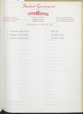 Hardbound Senate Journal, Student Government Representatives Sworn in March 25, 1963