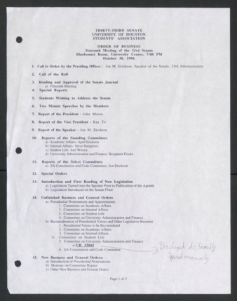 Thirty-third Senate, University of Houston, Students' Association, Order of Business, Sixteenth Meeting, October 30, 1996