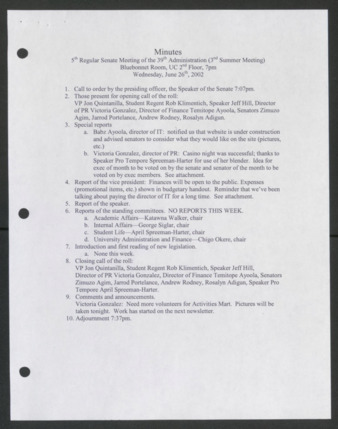 Order of Business Minutes, 5th Senate Meeting of the 39th Administration, June 26, 2002