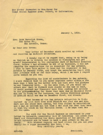 Letter from Minnie Fisher Cunningham to Rena Maverick Green