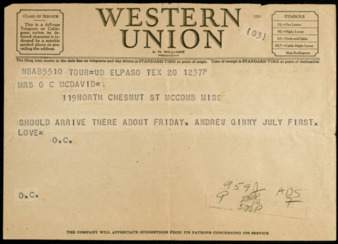 Western Union Telegram from Capt. O. C. McDavid to Inez McDavid, 1945 June 20