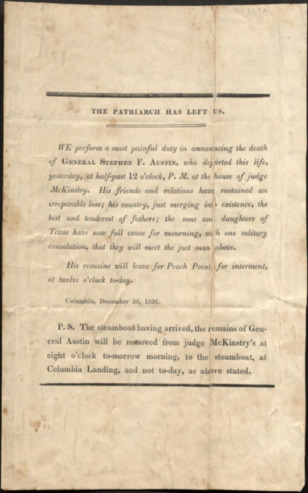 Broadside announcing of the death of Stephen F. Austin