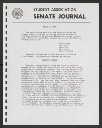 Senate Journal, Third Senate, University of Houston Student Government Association, Minutes, Third Meeting, March 28, 1966